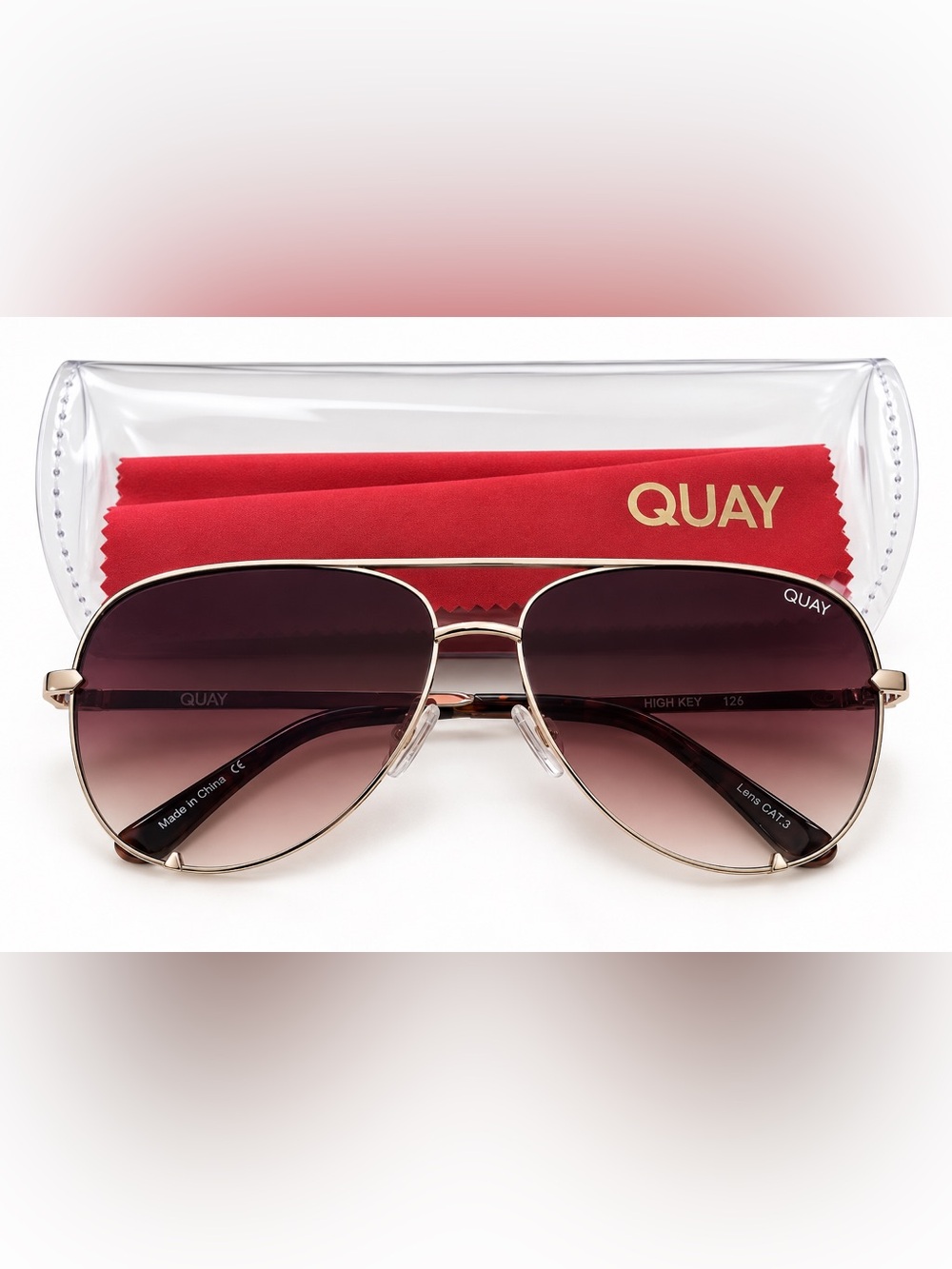 QUAY High Key 126 Aviator Sunglasses Gold Tone Brown Gradient Lenses Case